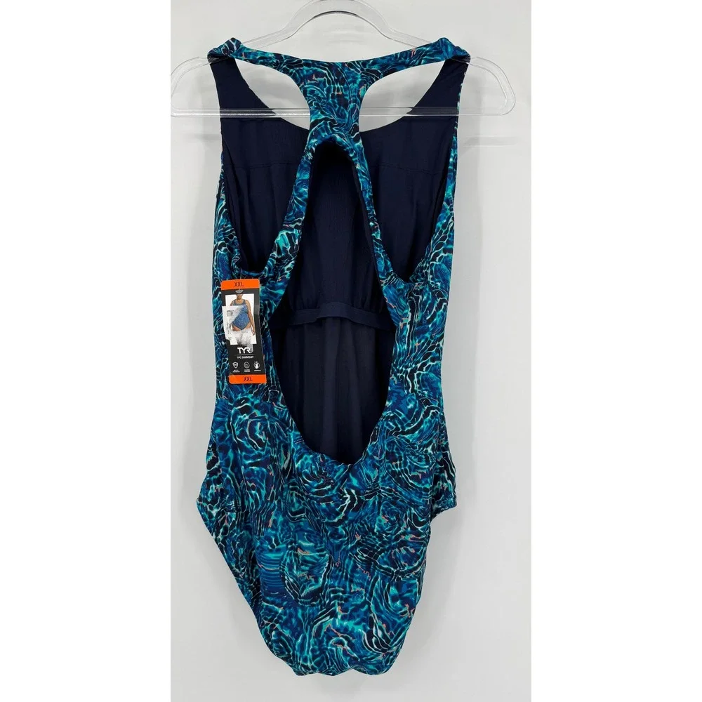 TYR Women XXL Blue Water Ripple Print Racerback One Piece Swimsuit Controlfit